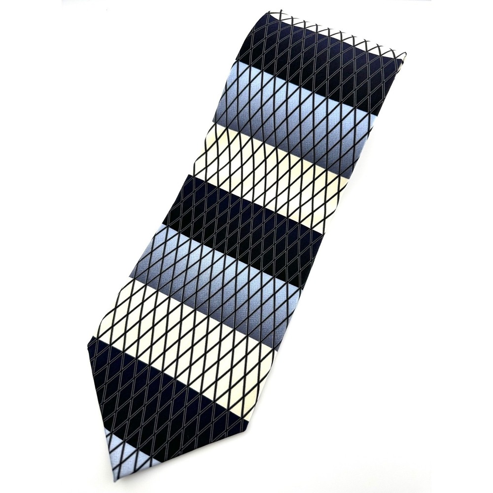 BERGAMO Pure Silk Tie‎ Wide Striped Black & Steel Blue Geometric Vintage